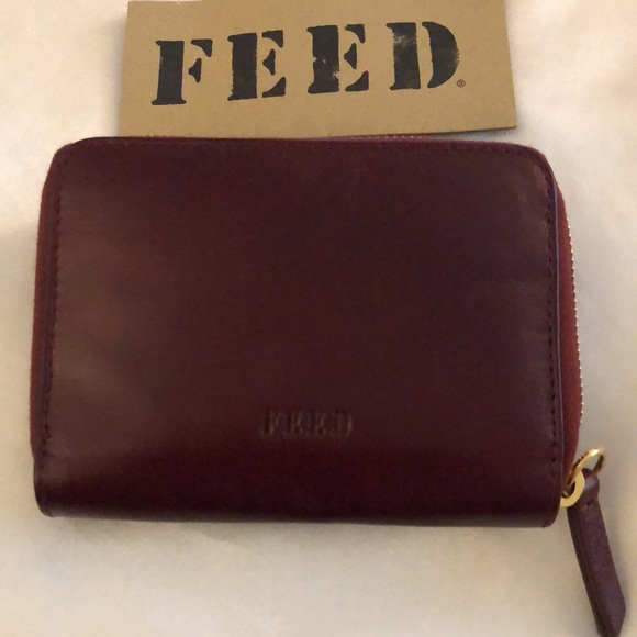 Feed Projects Burgundy Leather Mini Zip Around Wallet NEW - Picture 2 of 13